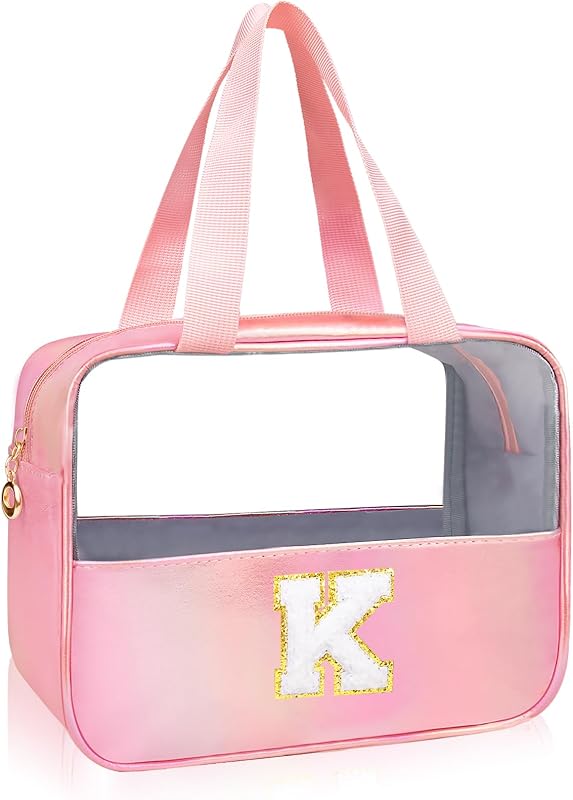 Necessaire transparente rosa Junesters com inicial personalizada, zíper e estampa Chenille, modelo K