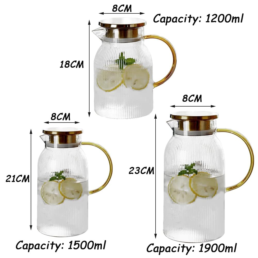 Nff Glaskanne, 1,5-Liter-Wasserkanne Mit Deckel, Vertikal Gestreifte Glaskaraffe Mit Griff, Geeignet for Saft, Wasser, Tee, Milch, Kaffee (Size : 1.2L)
