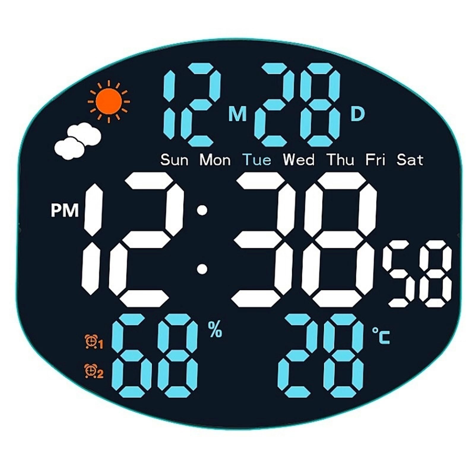 LADFRTYU Atomic Digital Wall Clock Large Digital Wall Clock Weather Station Forecast TEMP Humidity Date Week Night Mode Table 2 Alarm 12/24H LED(Blue)