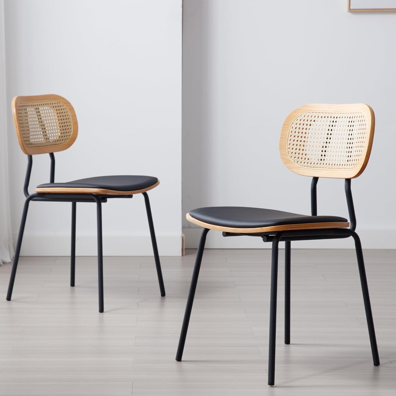 Mid-Century Dining Chairs Set of 2, PU Leather Side Chairs with Rattan Backrest Metal Legs Armless Guest Chairs Kitchen Chairs for Dining Room Living Room, Black