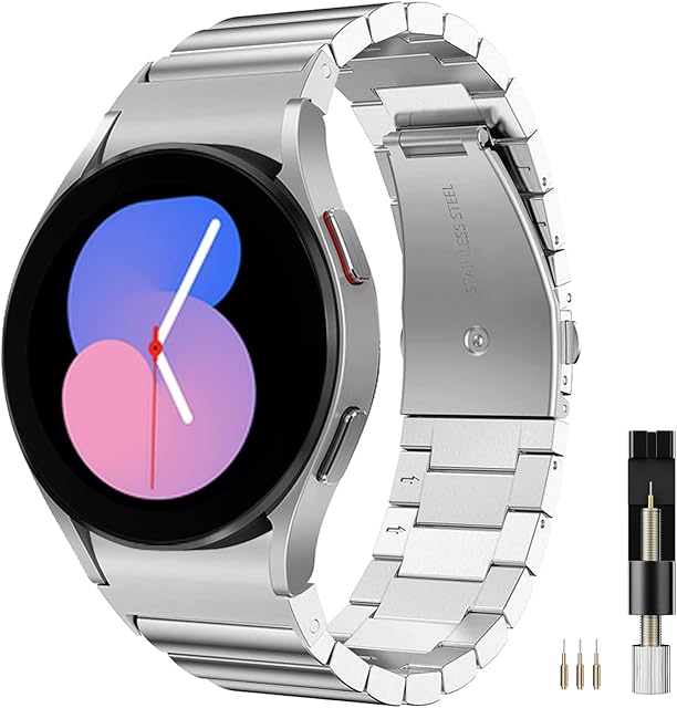 Miimall Metal Strap Compatible with Samsung Galaxy Watch 5/Watch 5 Pro/Watch 4/Watch 4 Classic 40mm 42mm 44mm 45mm 46mm, Stainless Steel Adjustable Replacement Band for Samsung Galaxy Watch 5-Silver