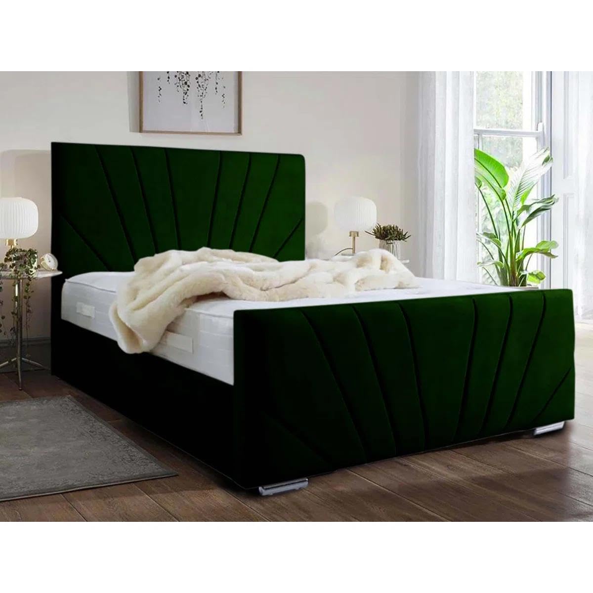 CALISMA Aurora Plush Frame 46-Inch Headboard Luxury Divan Bed with 20-Inch Footboard – Premium Velvet Finish, Soft-Touch Upholstery, Elegant Design for Modern Bedrooms (Blue) (Green, 4FT)