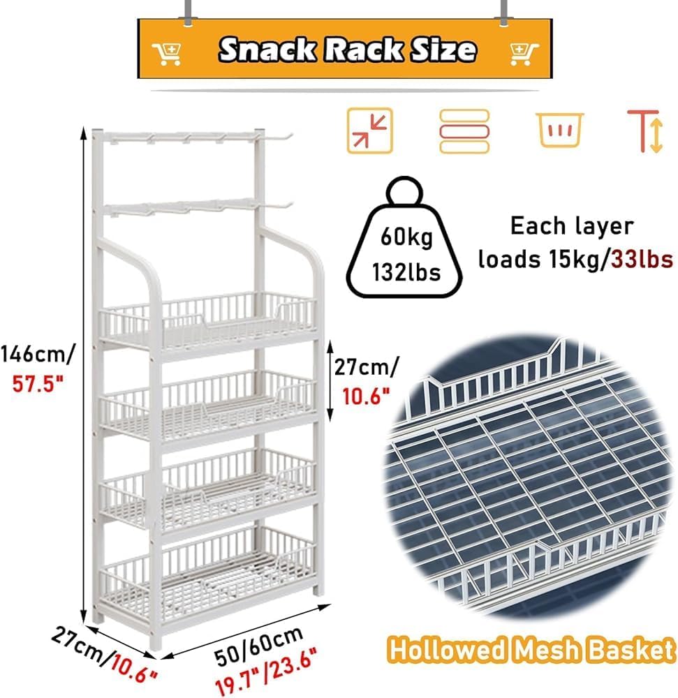 Commercial Retail Display Rack Stand 4 Tiers Metal Supermarket Snack Shelf for Home Pantry Stores Theatre Chip Bag Organizer Holder with Guardrail(Size:60x27x146cm/23.6x10.6x57.5in,Color:Black)