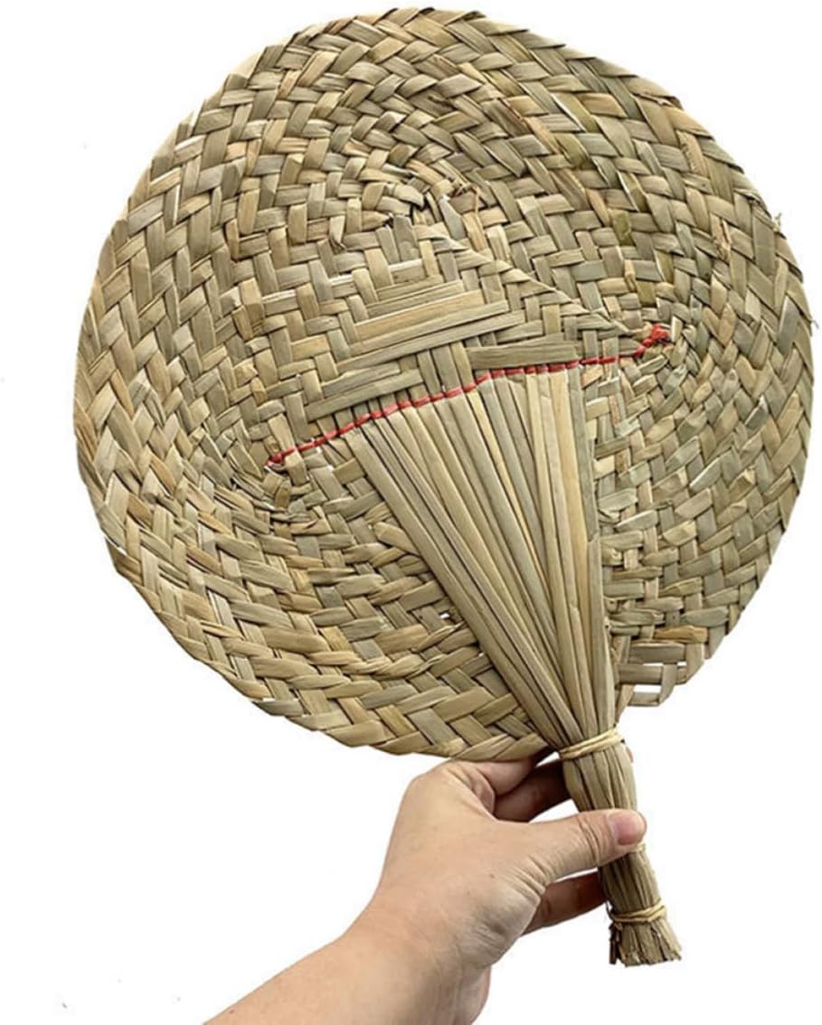 5pcs Woven Grass Fan Handmade Eco Friendly Handheld Summer Khaki