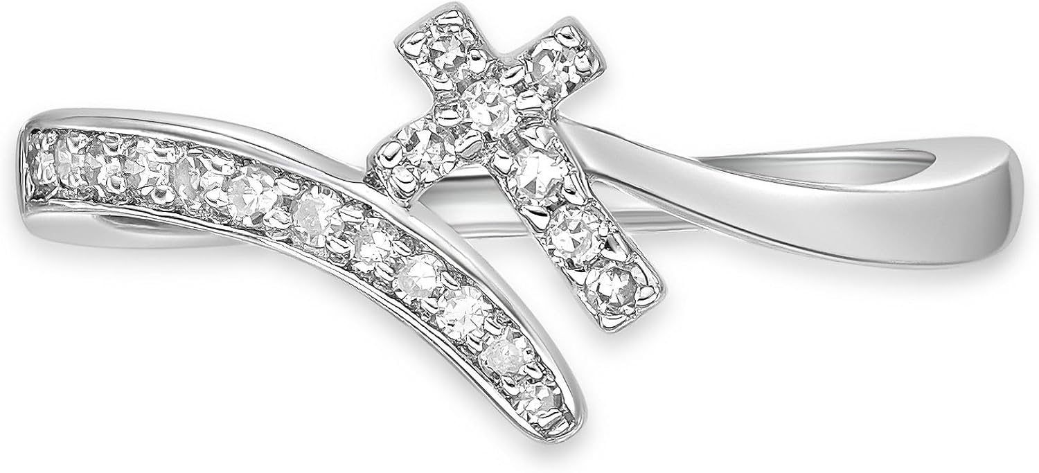 Lavari Jewelers 1/6 Carat Natural Diamond Christian Faith Cross Purity Ring for Women I 925 Sterling Silver (H-I, I2-I3, 0.16 cttw) Wedding Ring for Her I Engagement Anniversary Band Size 5 to 9