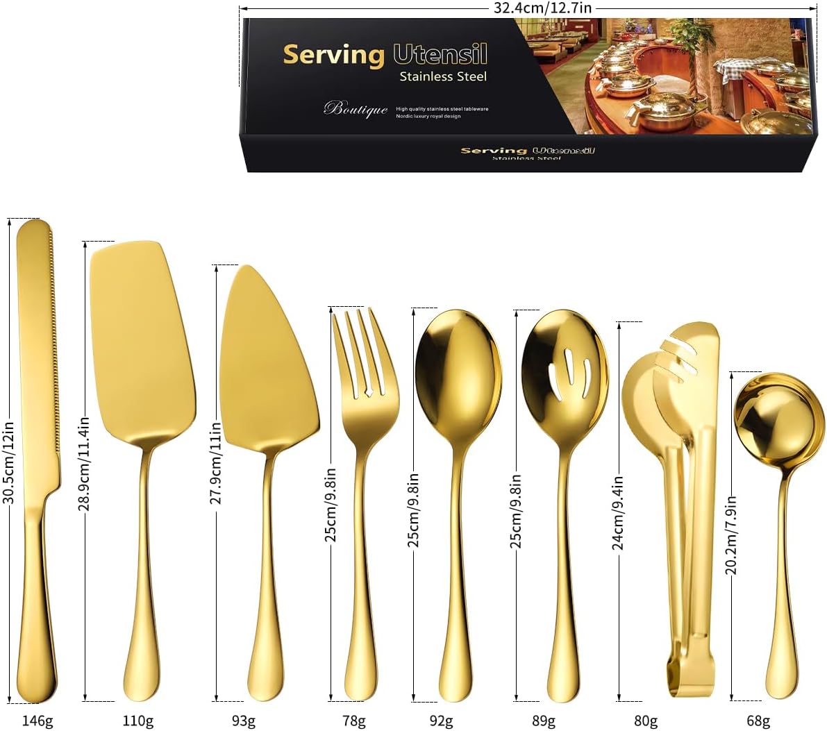 AARAINBOW Hostess Serving Utensils Set Large, 8 Pcs Stainless Steel Serving Utensils for Parties Buffet, Flatware Serving Sets with Serving Spoon Slotted Spoons Serving Forks (Golden)