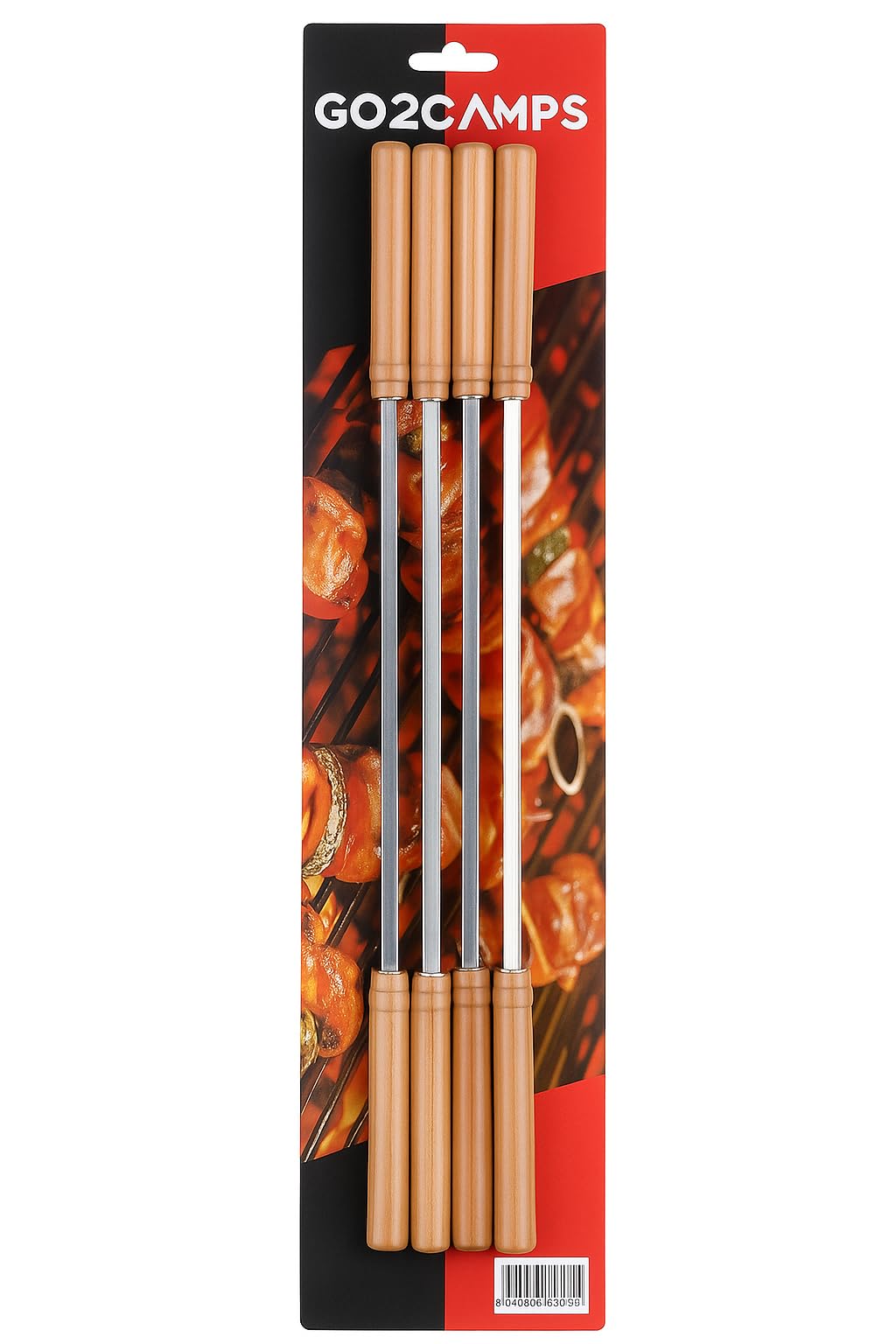 GO2CAMPS Premium BBQ Skewers Set of 6 with Heat-Resistant Wooden Handles - 14-Inch Stainless Steel Skewers Kebab, Tikka, Meat Grilling Sticks for Shish Kebab, Camping & Grilling and Picnic Events