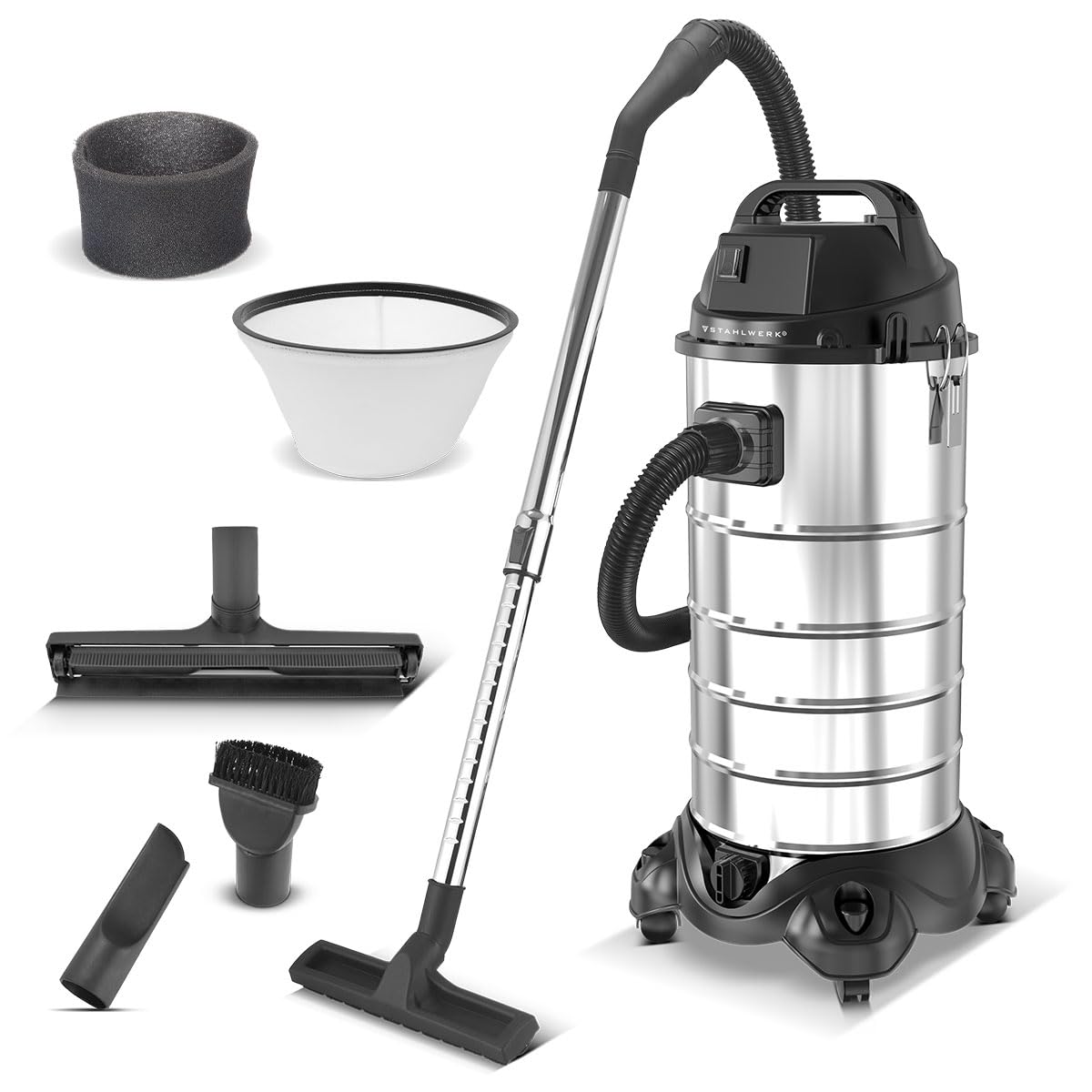 STAHLWERK Nass- und Trockensauger VCL-1500 ST, 1500 W Industriesauger | 40 l Edelstahlbehälter, Blasfunktion, Sicherheitsabschaltung, umfangreiches Zubehörpaket, robuster Werkstattsauger