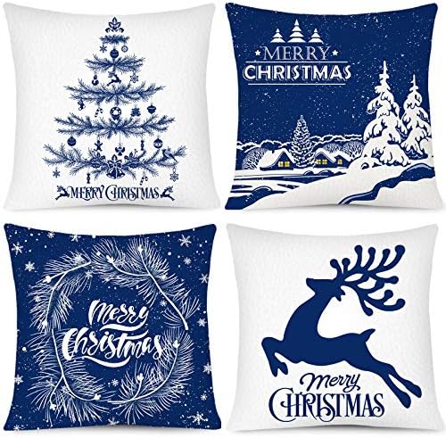 Whaline Merry Christmas Pillow Case White Blue Pillow Cover Snow Xmas Tree Reindeer Throw Cushion Cover Cushion Cases for Home Office Sofa Bed Christmas Party Decoration, 4Pcs, 18" x 18"
