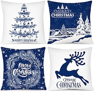 Whaline Merry Christmas Pillow Case White Blue Pillow Cover Snow Xmas Tree Reindeer Throw Cushion Cover Cushion Cases for Home Office Sofa Bed Christmas Party Decoration, 4Pcs, 18" x 18"