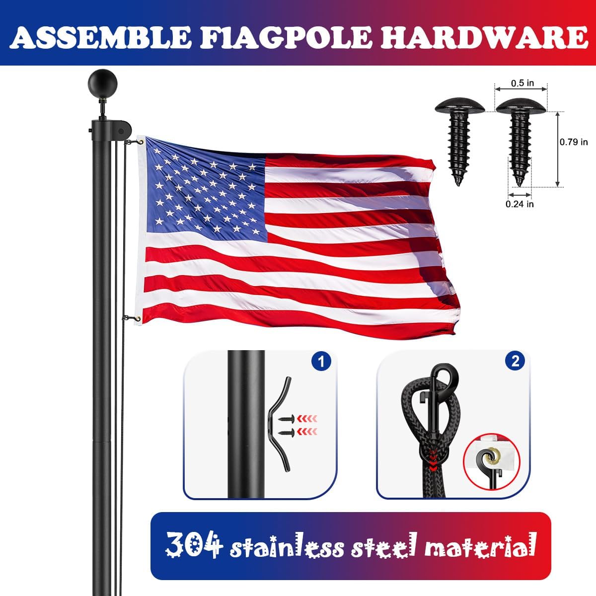 Flag Pole Kit for Outdoor Use, Black Flagpole Hardware Repair Parts Kit with Cleat Hook | 100FT Rope Replacement, All- Stainless Steel Hardware Include Mounting Screws