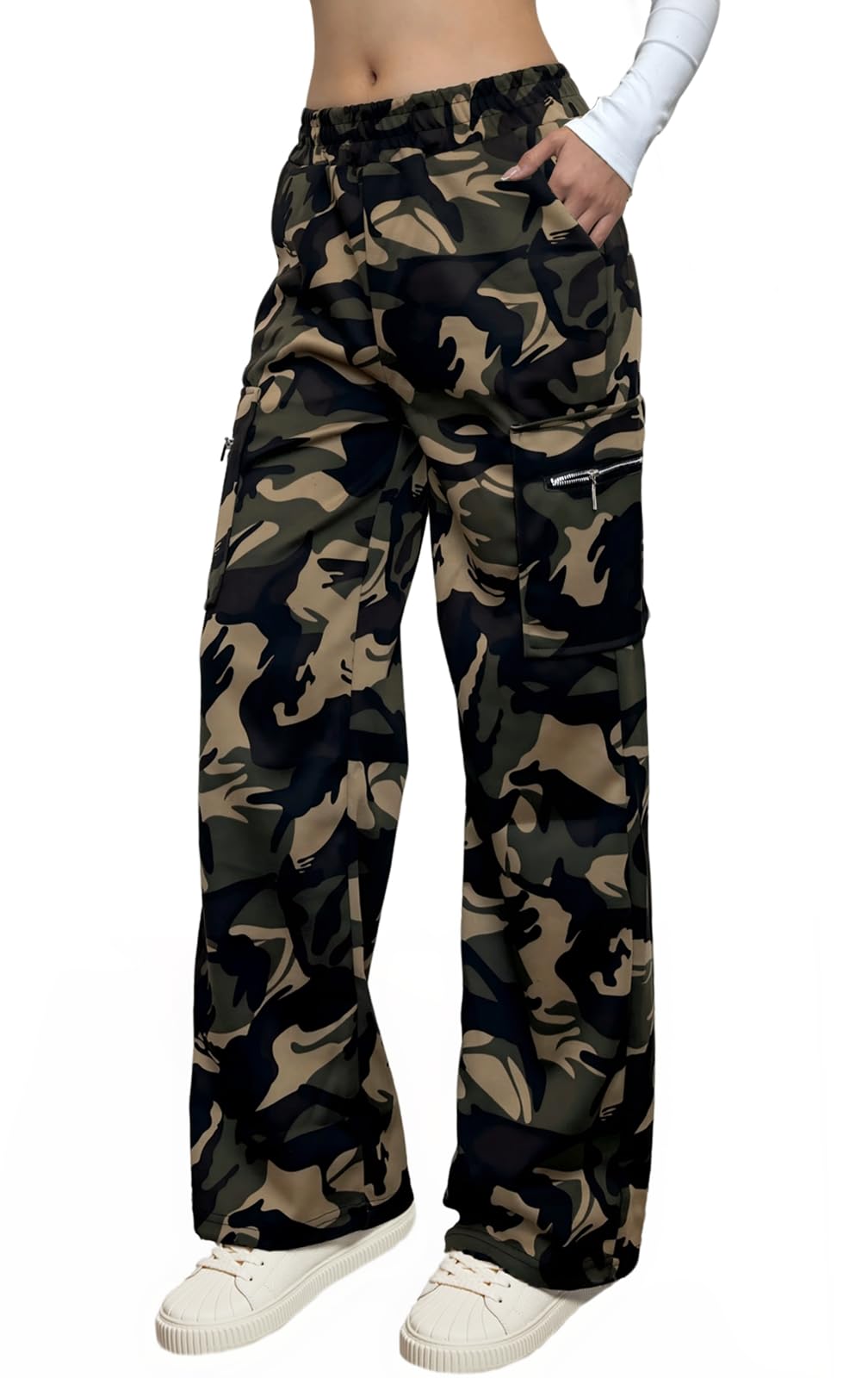 Nuofengkudu Mimetici Lungo Cargo Pantaloni della Tuta Larghi Cerniera Laterale Tasche Elastico Vita Alta Jogging Sportivi Pantalone Felpati Casa Comodi Lavoro Adolescente Y2K