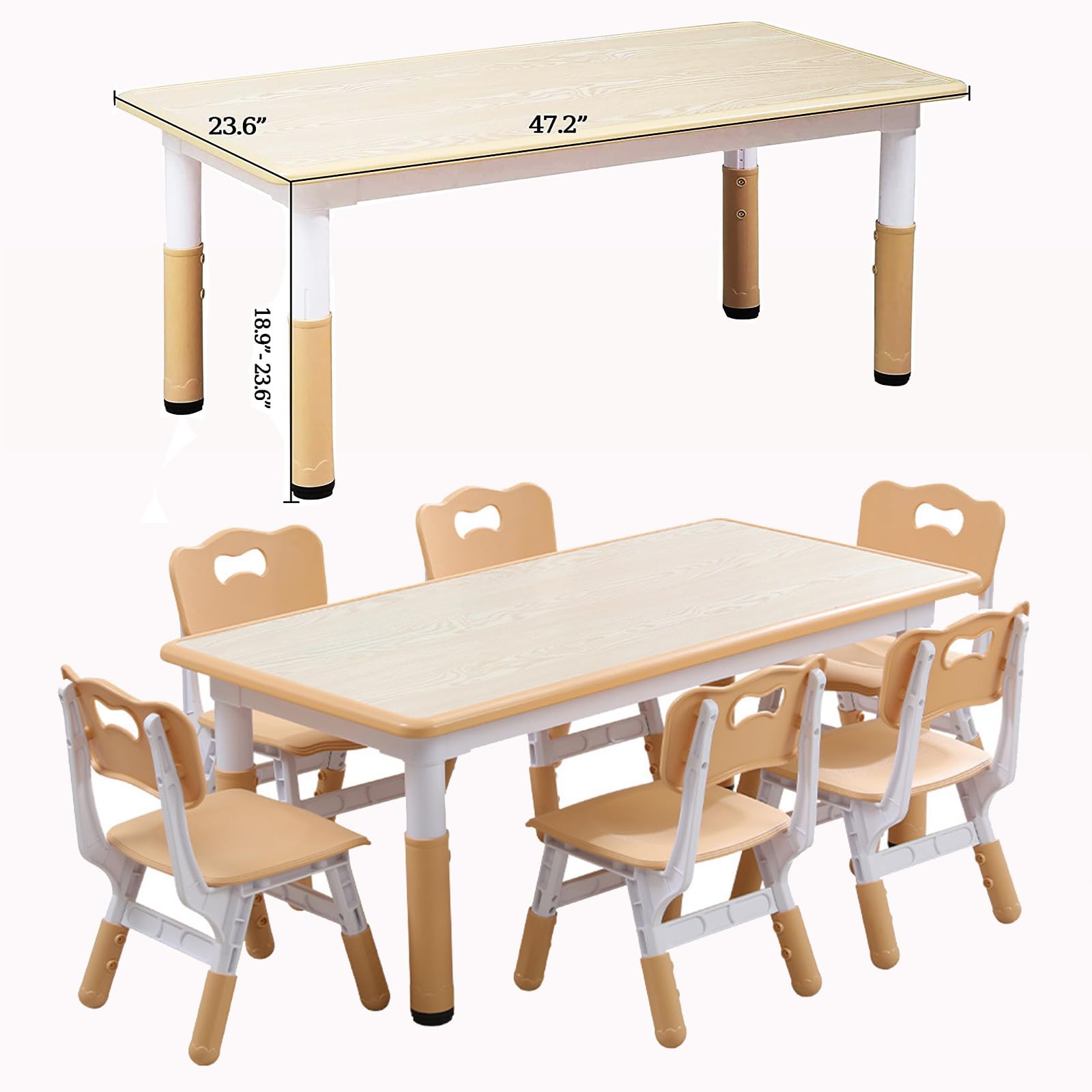 Kids Table and Chairs Set, Height Adjustable Desk with 6 Seats for Ages 2-10,Arts & Crafts Table,Graffiti Desktop, Non-Slip Legs, Max 300lbs, Children Multi-Activity Table for Classrooms,Daycares,Home