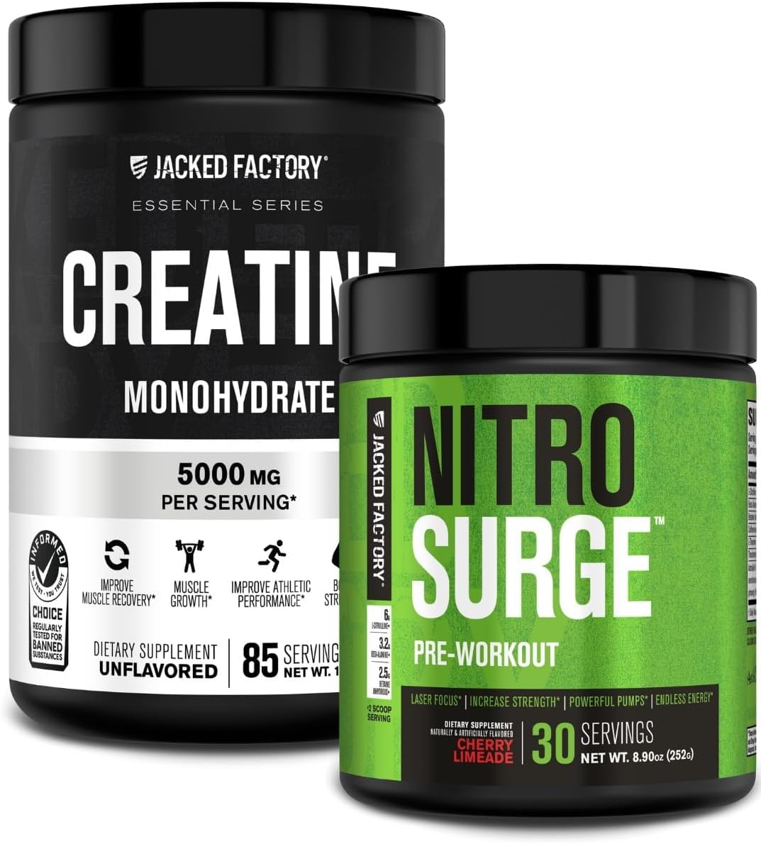 Jacked Factory Nitrosurge Pre-Workout & Creatine Monohydrate - Pre Workout Powder with Creatine for Muscle Growth, Increased Strength, Endless Energy - Cherry Limeade Preworkout & Unflavored Creatine