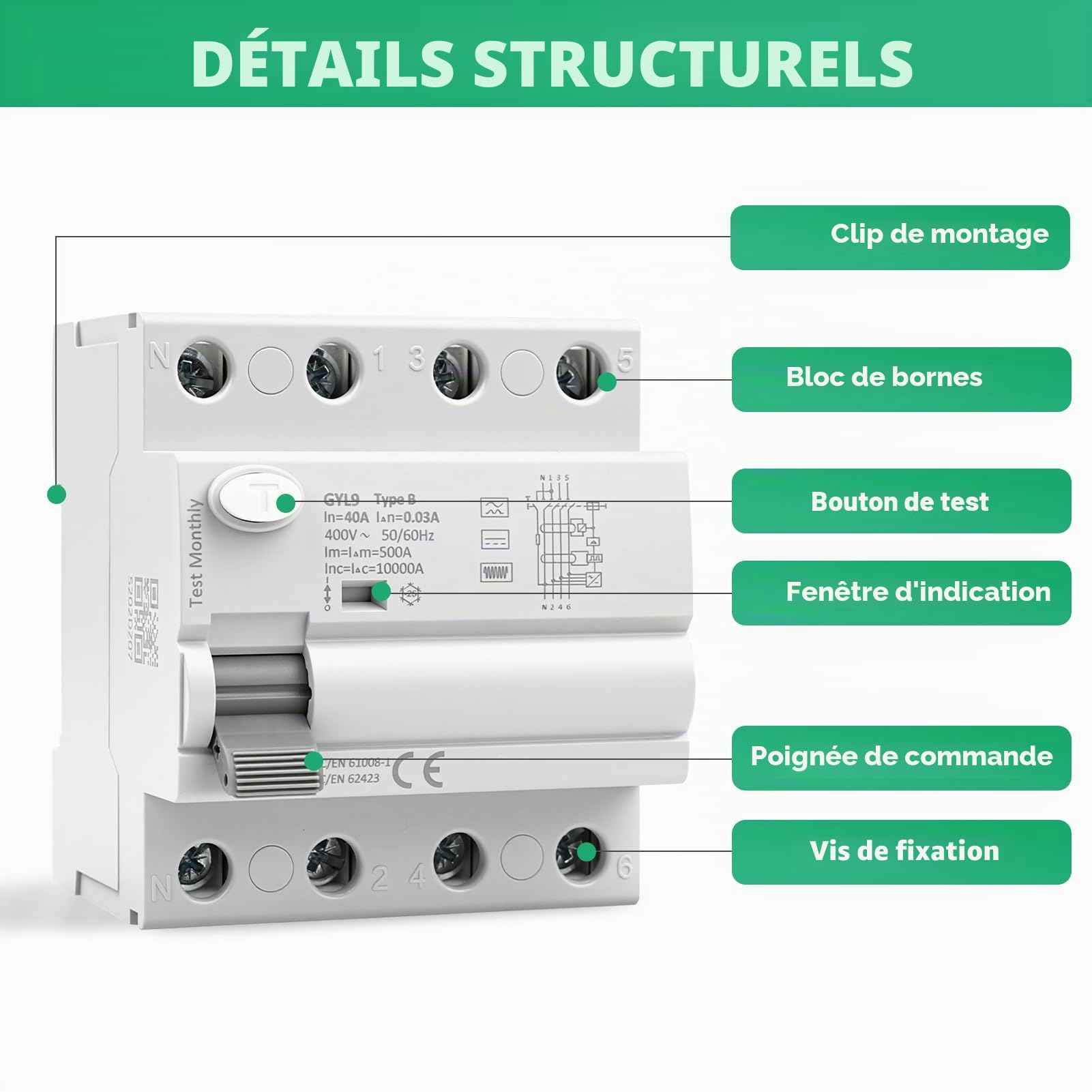 Disjoncteur différentiel 30mA Type B interrupteur différentiel 40A 30mA 3P+N 10kA RCCB disjoncteurs de courant résiduel AC400V convient aux stations de recharge et aux équipements industriels GYL9