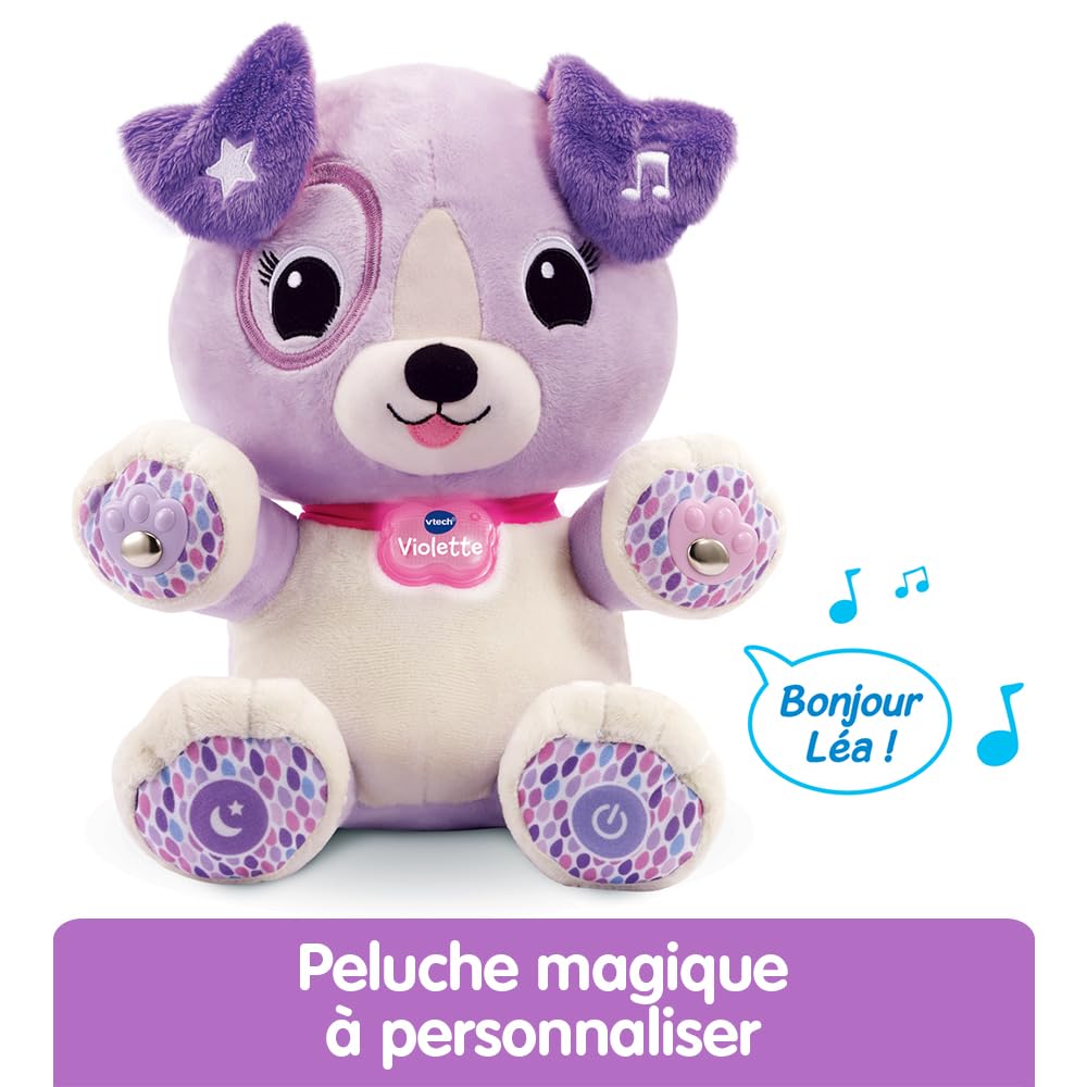 VTech - Violette, Mon Amie Pattes Magiques, Peluche Bébé Sensorielle et Musicale, Chien Interactif, Doudou Personnalisé avec Prénom, Cadeau Enfant Dès 1 an - Contenu en Français