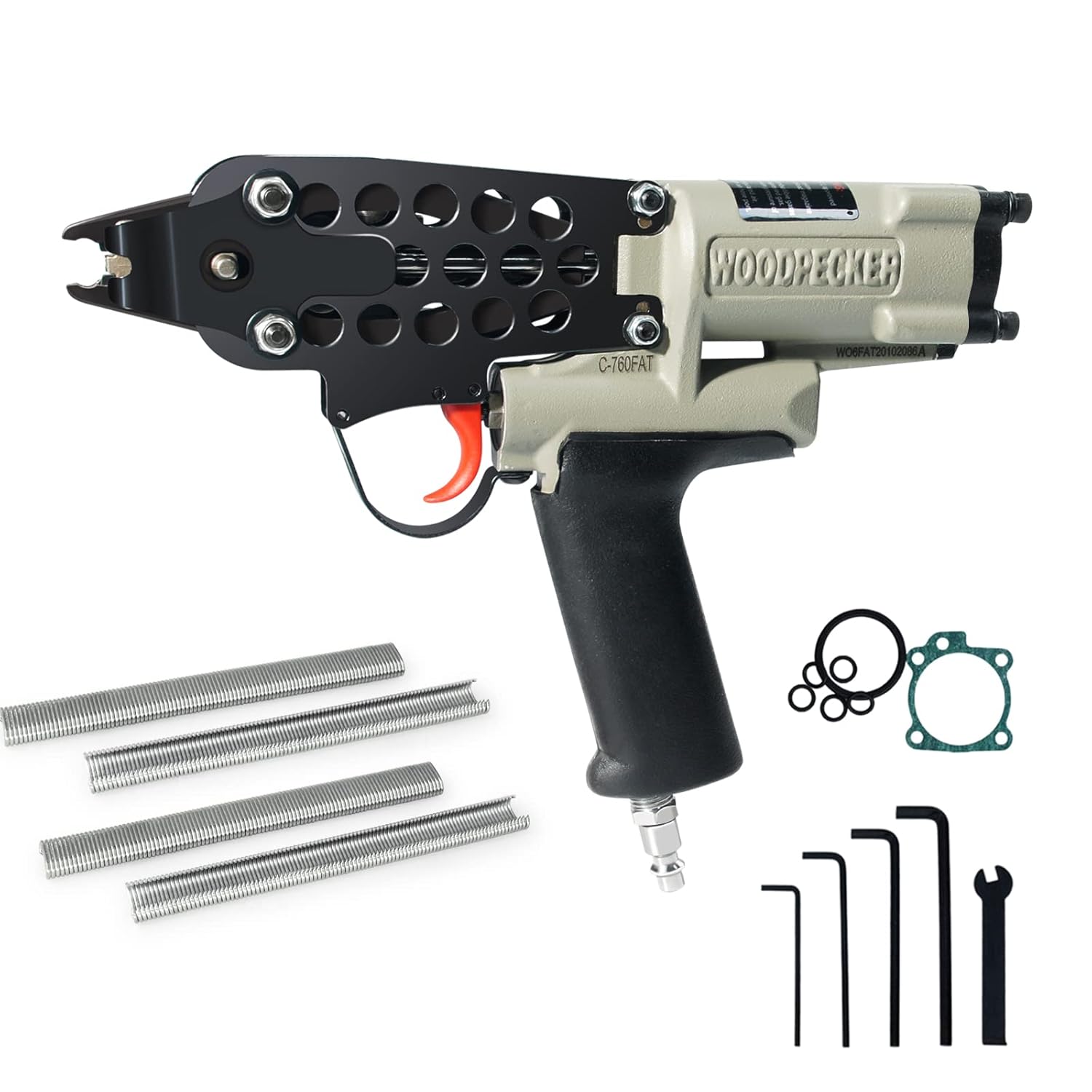 WOODPECKER C-760FA 16 Guage Pneumatic Hog Ring Gun, Standard 3.0 mm to 4.8 mm Closure Diameter, 1/2-Inch Crown Hog Ring Staples, Air Hog Ring Plier Tool for Wire Cages, Seat Making, Fencing