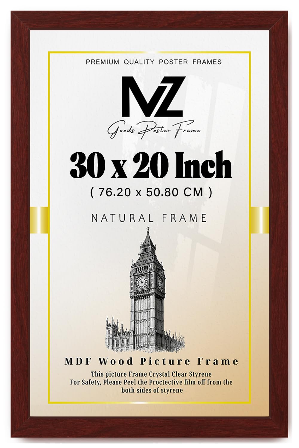 MZ GOODS | Modern Mahogany 30 x 20 Inch Poster Frame - 762 x 508 mm Engineered Wood | Easy Installation with Clips & Hangers (76.20 x 50.80 CM) [ Mahogany ]