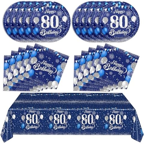 Blue 80th Birthday Decorations for Men Navy Blue Silver Happy 80th Birthday Tableware Set Include Happy 80th Birthday Plates Napkins Tablecloth for 60th Birthday Anniversary Party Decorations Supplies Cover