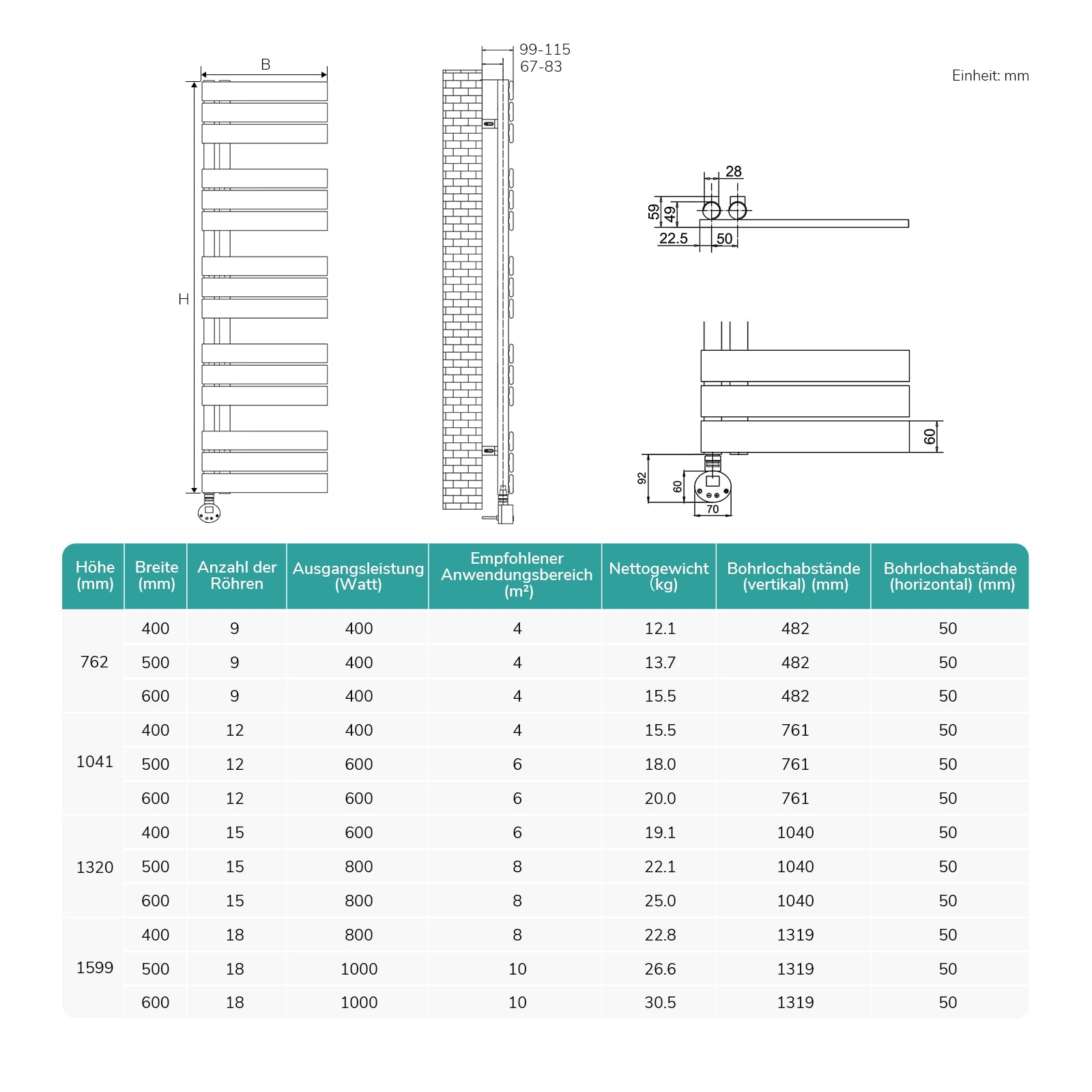 EMKE WiFi Handtuchheizkörper Elektrisch 762x500 mm 400W Weiß mit Thermostat