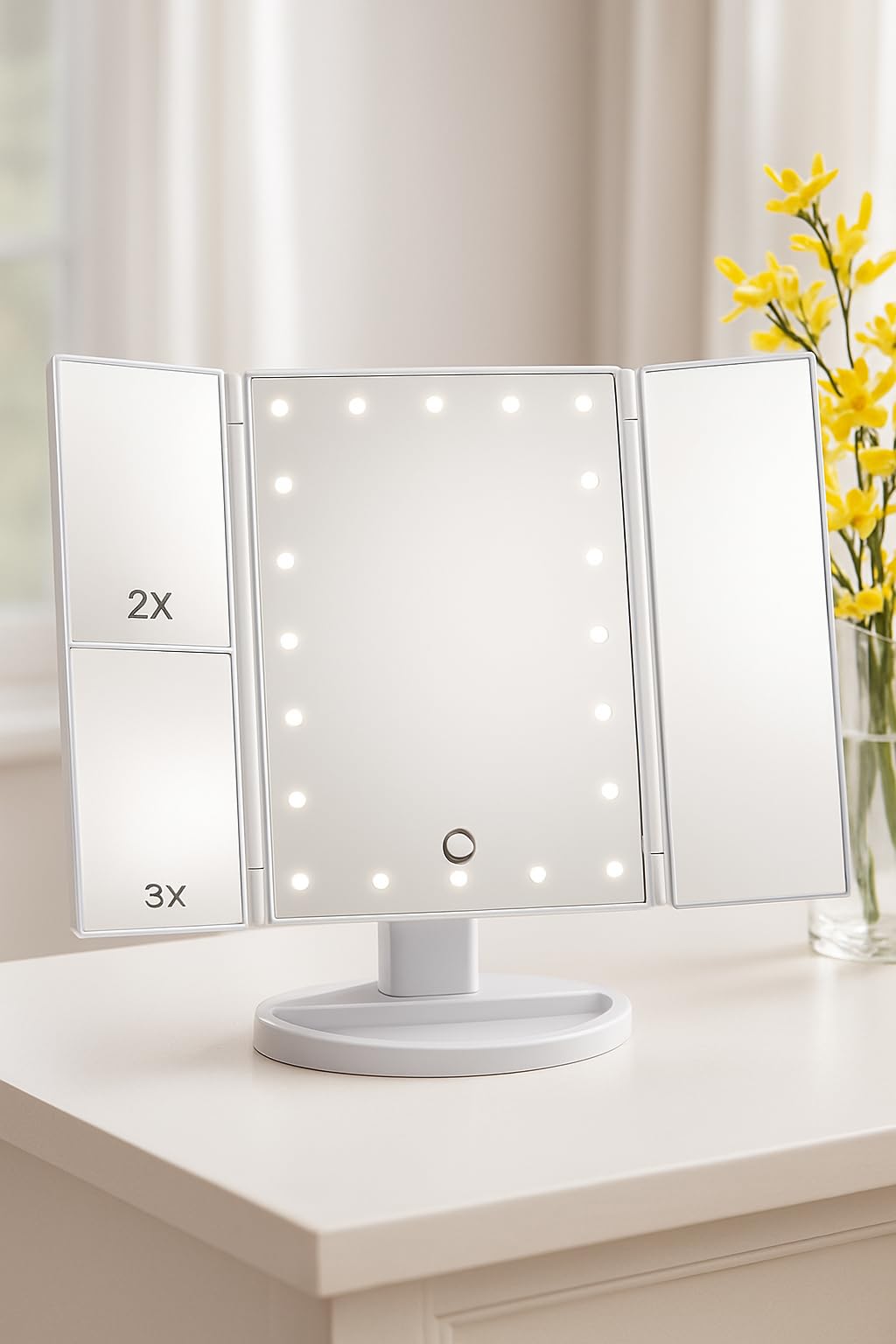WindWarrior 22‑LED Foldable Tabletop Makeup Mirror with 3 Light Colour Modes & Touch Control, 2×/3× Magnification, Portable Vanity Stand (White)-image-0