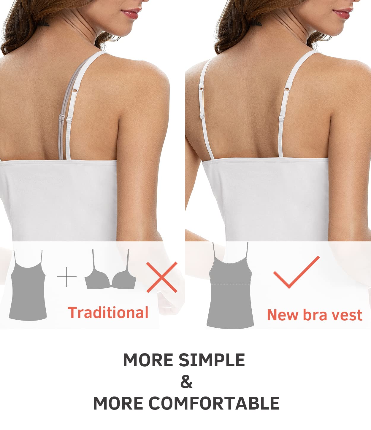 3 piezas de camiseta interior para mujer con sujetador de estante de algodón, tirantes ajustables