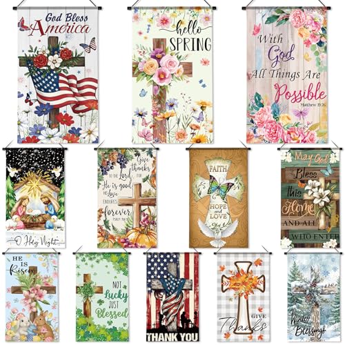 Tegeme 12 Pcs Christian Seasonal Garden Flags Set Fall Maple Leaf Door Banner Decor Religious Cross Door Hanger 12 x 20 Inch Thanksgiving Hanging Flag for Outside Party Outdoor Indoor