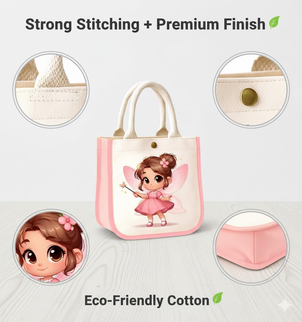 HOBBY INDIA Kids Lunch Bag | Cute & Stylish Mini Tiffin Bag for Boys & Girls | Cute Cotton Cartoon Design I Perfect For Picnic Tuition School, Preschool & Playschool (Fairy) 3