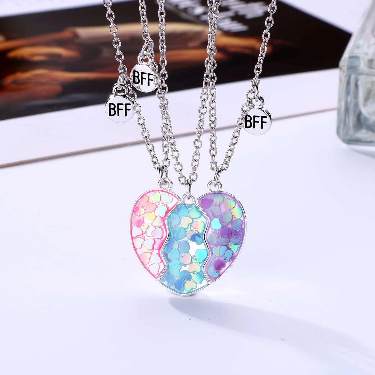 El Regalo 3 PCs BFF Best Friend Forever Split Heart Magnetic Matching Pendant Necklaces Set for Kids/Girls/Teens- Friendship Puzzle Necklaces Sets for Besties (Mermaid Heart BFF) - Image 2 thumbnail