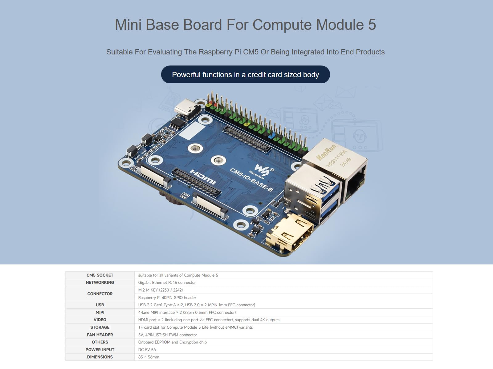 Mini Base Board for Raspberry Pi CM5 Lite/eMMC, Compute Module 5 Mini IO Board with Gigabit Eth/40PIN GPIO/M.2 M Key/USB 3.2/USB 2.0/HDMI Interface etc. Onboard EEPROM and Encryption Chip