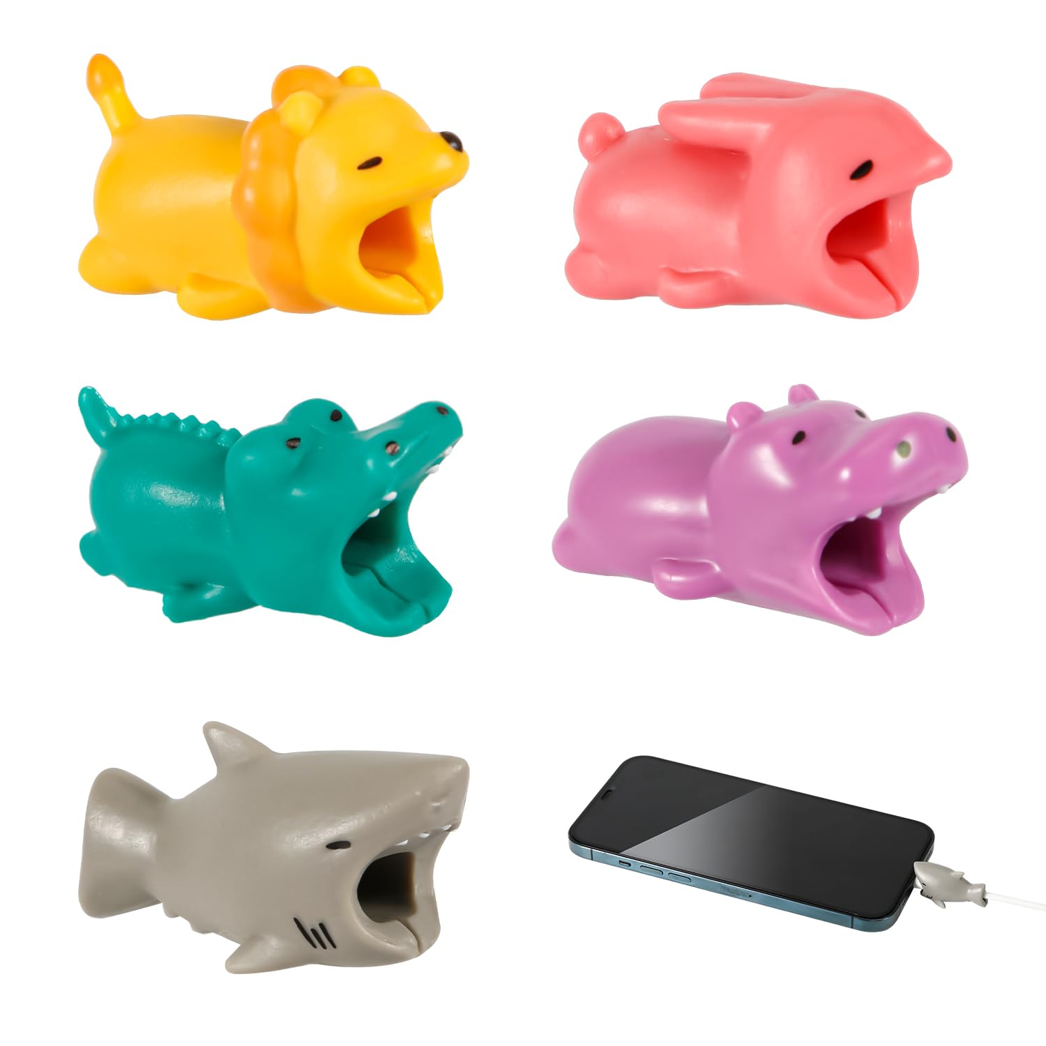 5pcs Cable Protector Animals Bite, Cute Charging Data Cord Savers Crocodile, Hippopotamus, Pink Rabbit, Gray Shark, Lion Charging USB Cable Protectors Cover for Most Cellphones and iPad Chargers