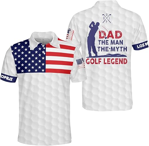 Dad The Man The Myth Golf Legend Personalized American Flag Golf Polo Shirts for Men, Men's Golf Shirts Polo Dry Fit