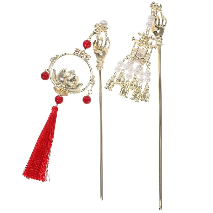 2 Pcs Vintage Hairpin Hair Clips Chinese Flower Tassel Headpieces For Women Girls, Ponytail Updo Bun For Thin Thick Hair