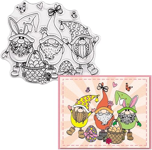 Estivaux Huevos de Pascua, gnomos, sellos transparentes para hacer tarjetas y diarios, sellos de goma de conejo de Pascua feliz, conejos y gnomos,