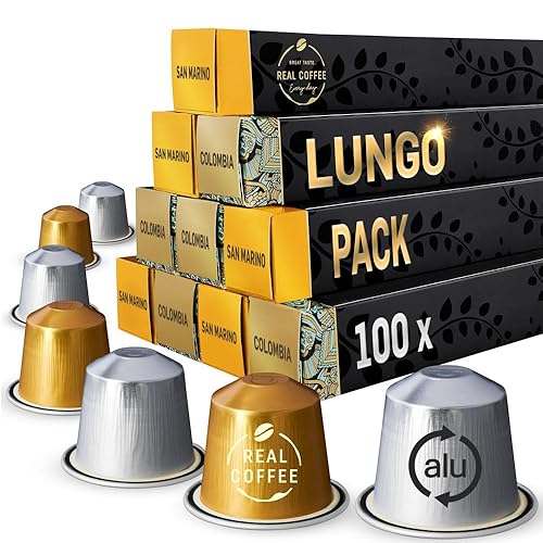 Paquete variado Lungo para Nespresso, 100 cápsulas de aluminio ganadoras de pruebas, 2 sabores italianos suaves 'San Marino' y 'Colombia', cápsulas
