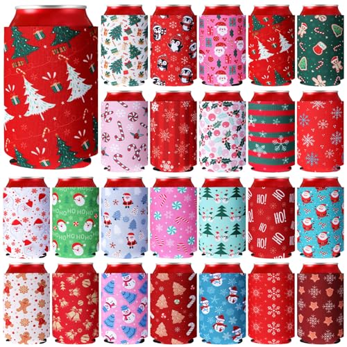 Yiyiring 24 manicotti isolanti per lattine da 350 ml, colorati, divertenti, per bottiglie di birra, bevande, bomboniere, decorazione regalo (Natale)