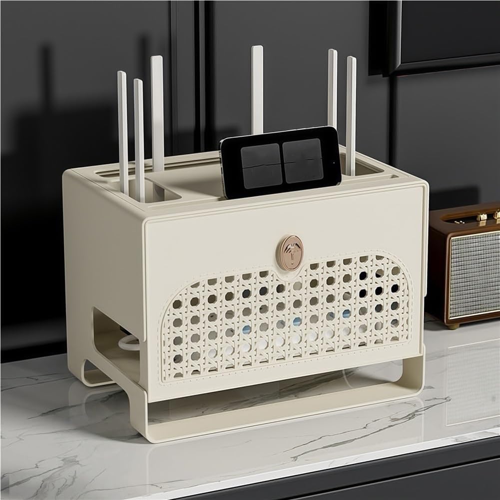 HEFJIAYCIQ Wireless Wifi Router Storage Box, Router Shelf with Heat Dissipation Design, Home Decoration Modem Cable Hider Box for Living Room,White,31.3x21x23cm