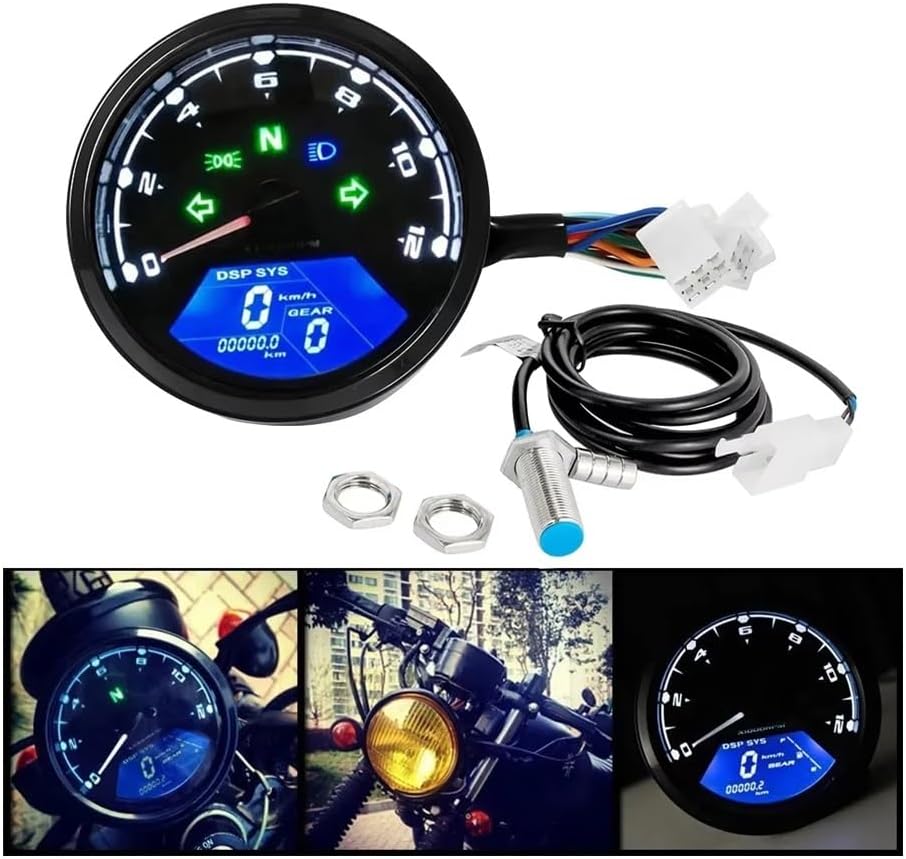 Motorcycle Speedometer Gauge 12V Motorcycle Tachometer Fuel Meter Dashboard Gauges Odometer Digital Indicator Motorbike Accessories Universal