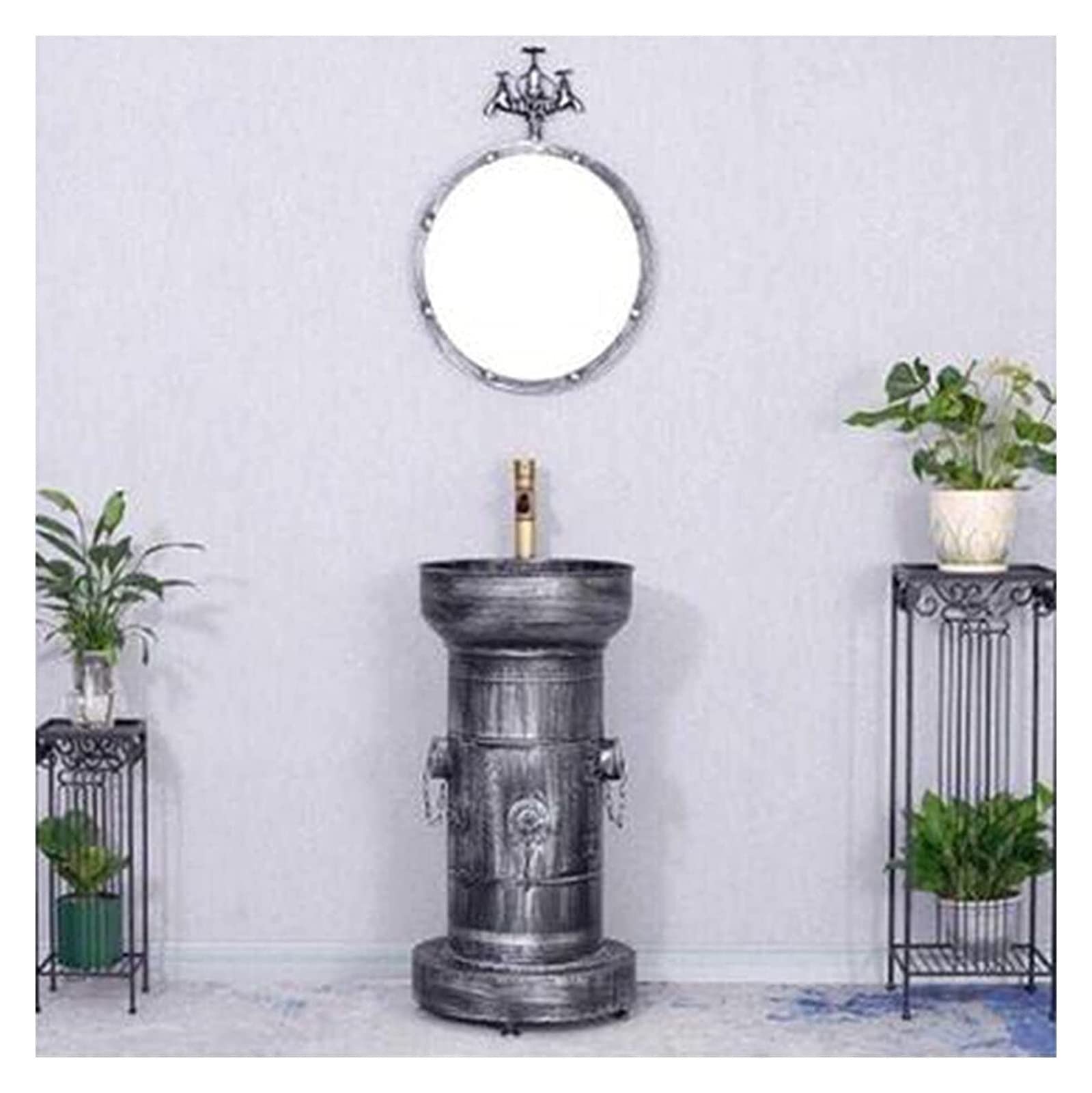 OLSKFUH Freestanding Pedestal Sink Floor Standing Art Sink Modern Basin Cupboard With Faucet And Drain Free Standing Bathroom Cabinet Industrial Style Bathroom Vanity Unit 16.9 X,Silver-With mirror