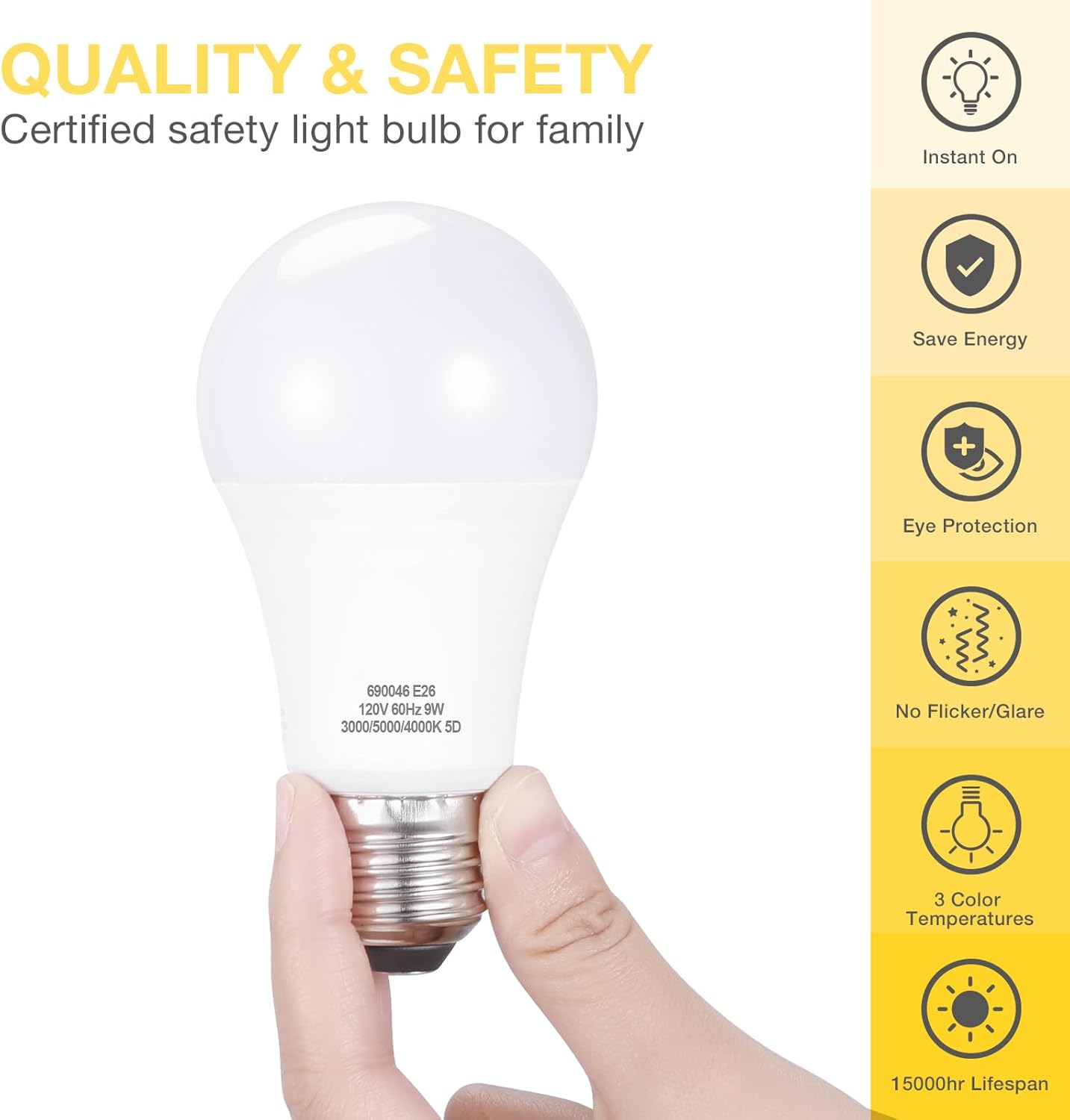 aooshine A60 E26 LED Light Bulb - 3 Color Temperatures (3000K/5000K/4000K), E26 Standard Medium Base, Non-Dimmable, 1 Pack, 120Volts 9Watts LED Bulbs for Table Lamp/Floor Lamp/Chandeliers