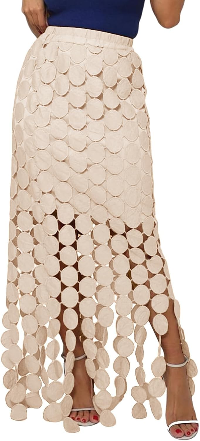 Flygo Womens Maxi Skirt 2025 Summer Boho Hollow Out Fringe Hem High Waisted Lace Long Skirts for Party Wedding Beach