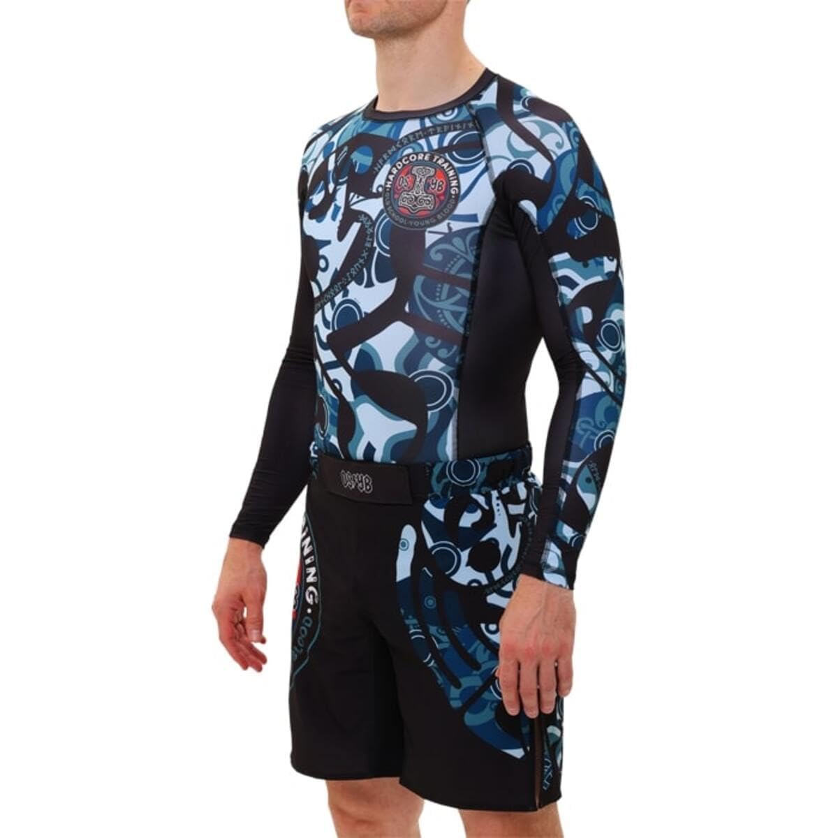 Hardcore Training Rash Guard Mężczyźni Kompresja Koszulka Długi Rękaw BJJ MMA No-Gi Obcisła Grappling Boks (DE/NL/SE/PL, Alfa, L, Regularny, Regularny, Light Blue/Blue)