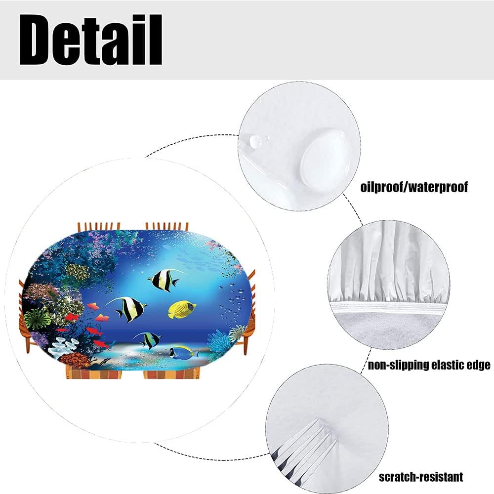 Underwater Oval Fitted Tablecloth, Tropical Undersea with Colorful Fishes Swimming in The Ocean Coral Reefs Image, for Kitchen Dining, Party, Holiday, Christmas, Buffet, Fits 48" x 72" table, Blue