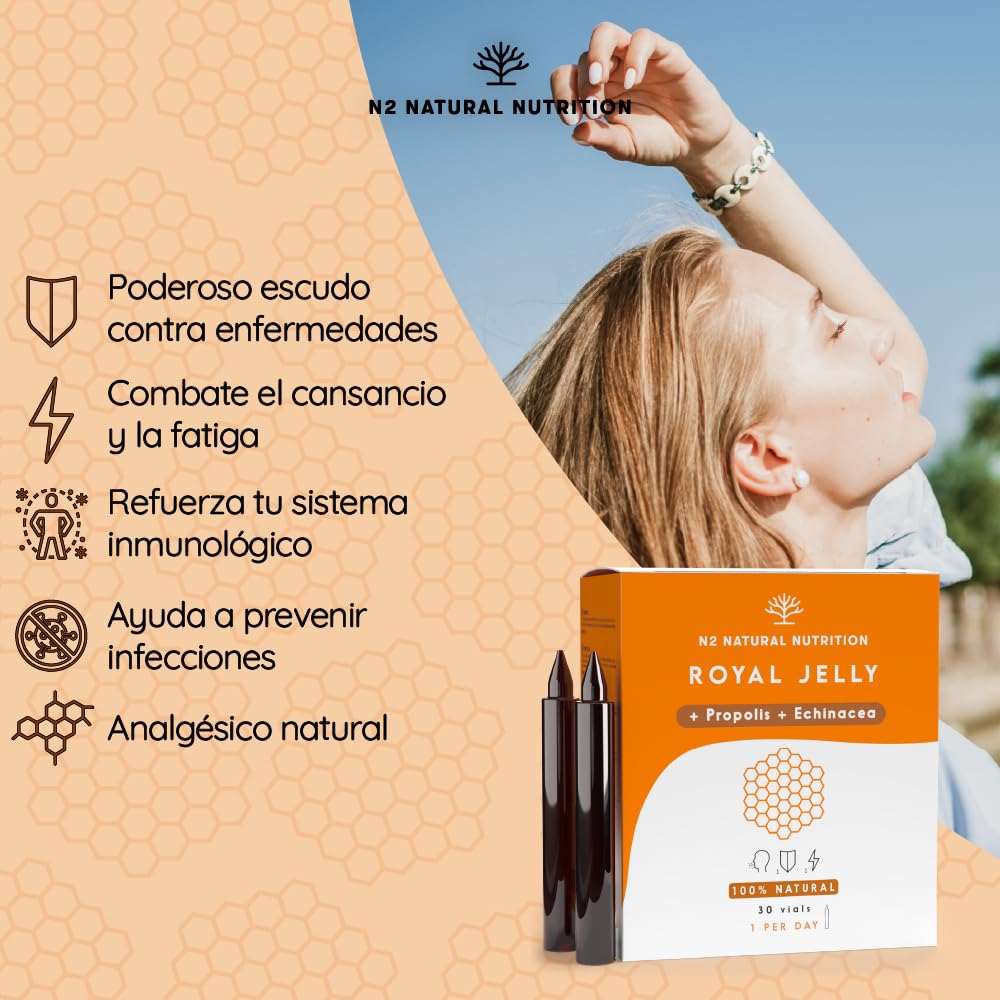 Jalea Real Adultos y Niños + Vitamina C + Propóleo + 2000 mg de Equinácea. Perfecto para Recuperar Energía y Fortalecer el Organismo. 30 Viales (10ml). Sabor Naranja. CE. N2 Natural Nutrition