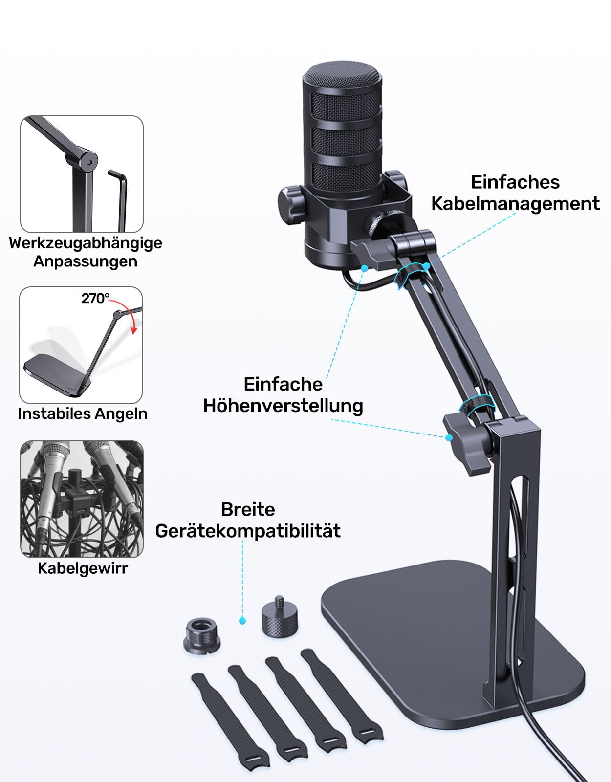 Heavy-Duty Desk Mic Stand,Studio-Arm für Mikrofone Verstellbarer Arm mit Schwerem Sockel (Maximale Belastung 1,2KG) Robuster Mikrofonständer für den Schreibtisch, Kompatibel mit Rode Podmic