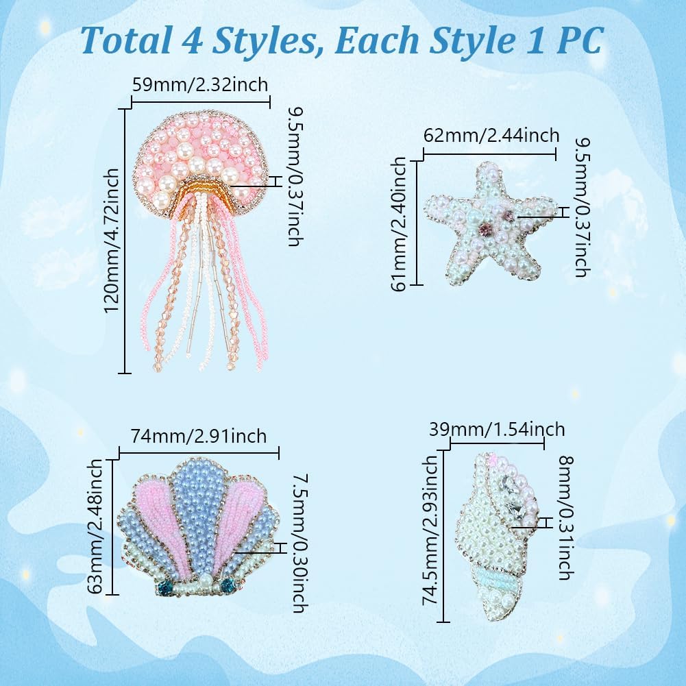 AHANDMAKER 4Pcs 4 Styles Beaded Patch Pink Jellyfish Conch, Shells, Starfish Sew on Patches Appliques Decorative Patch for Clothes Bag Pants Shoes Hats Christmas DIY Gift