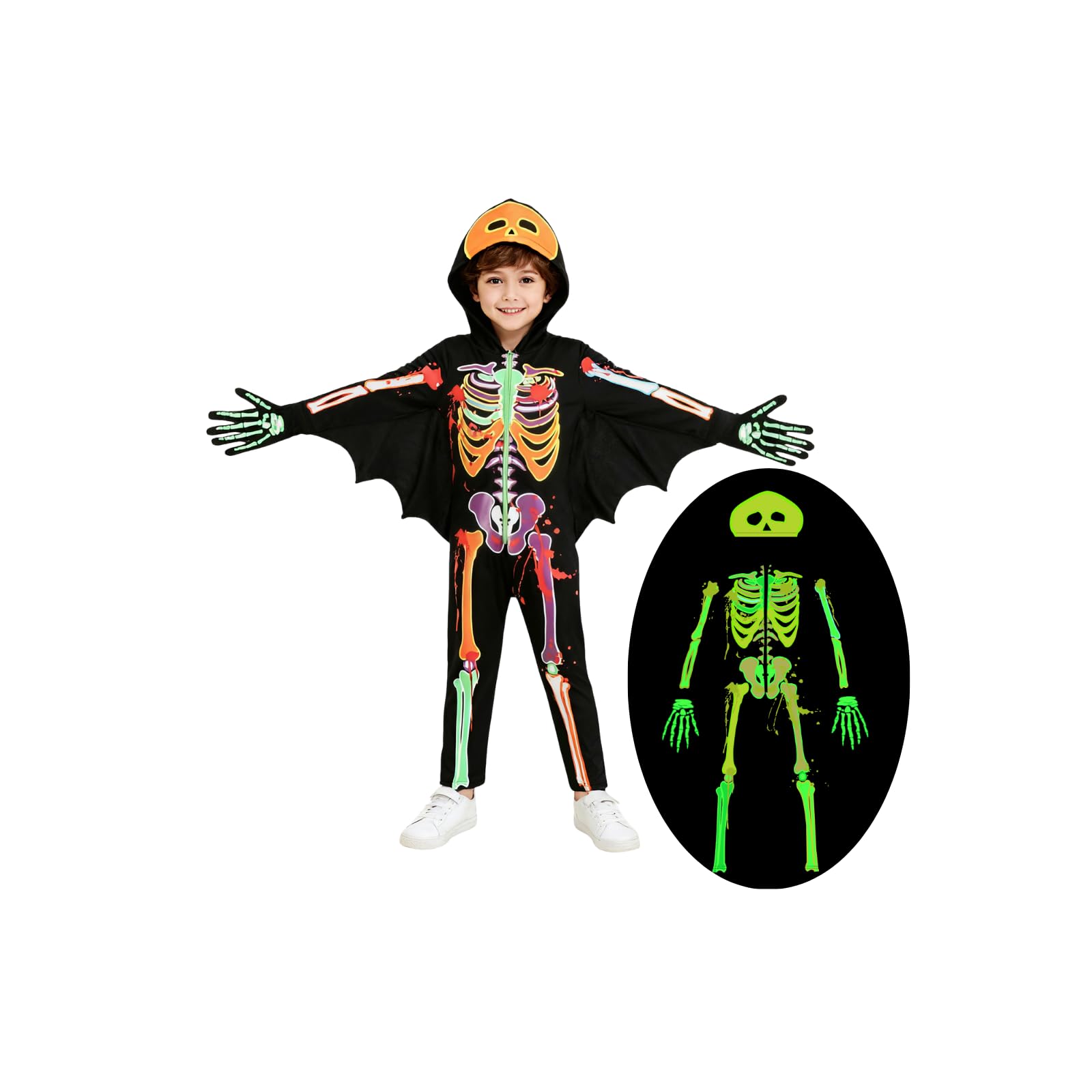 Miyanuby Kids Halloween Skeleton Fancy Dress Toddler Glow in The Dark Luminous Costume Skull Bone Bat Jumpsuit Boys Girls Scary Cosplay Bodysuit with Gloves for 3-10T