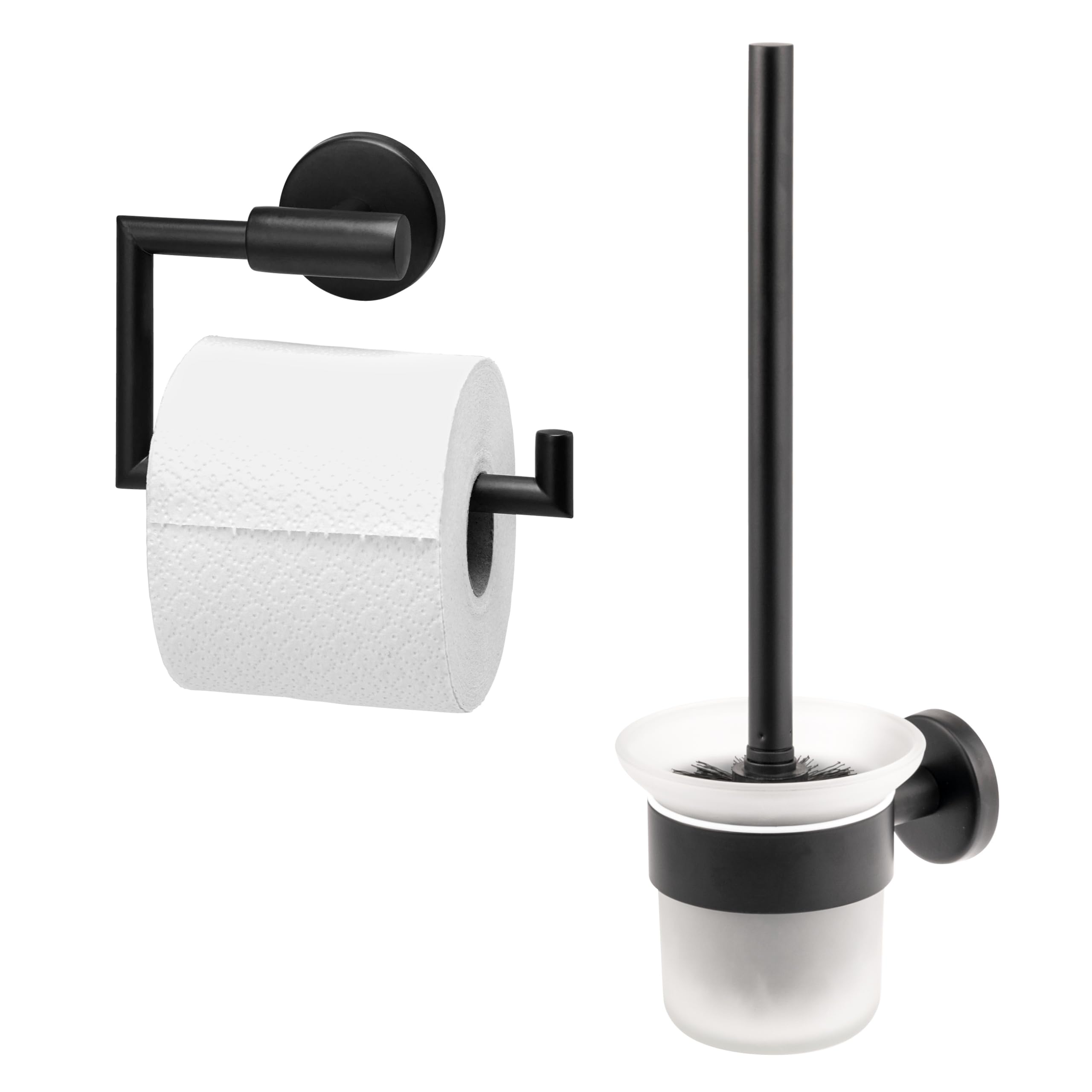 bremermann Bad-Serie Piazza Black - Badezimmer Zubehör-Set 2tlg. bestehend aus 1x Toilettenpapierhalter und 1x WC-Garnitur inkl. 1 Ersatzbürstenkopf, WC-Rollenhalter, aus Edelstahl schwarz