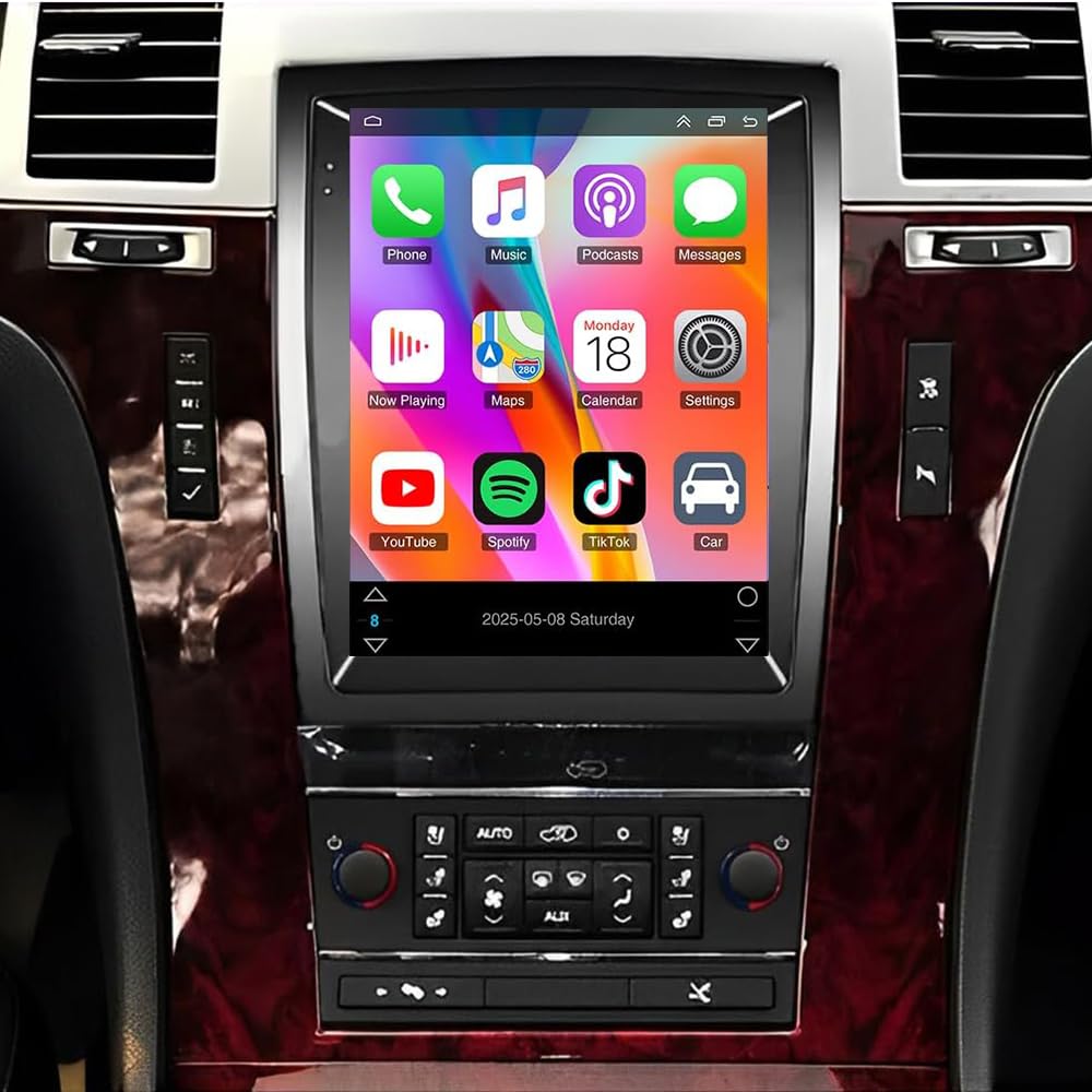 9.7 inch Vertical Car Radio for Cadillac Escalade 2007-2012 with Wireless Carplay Android Auto, 4+64G Touch Screen Stereo Head Unit Radio GPS WiFi Bluetooth Navigation FM AHD Backup Camera
