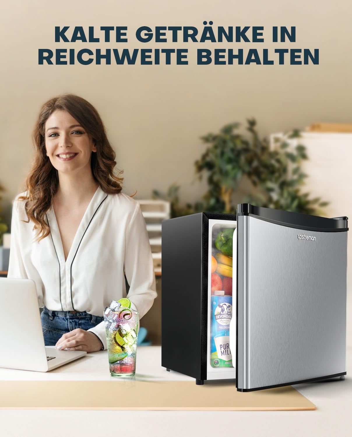 Upstreman Mini Kühlschrank 46L mit Eisfach, Temperaturregelung, Edelstahl